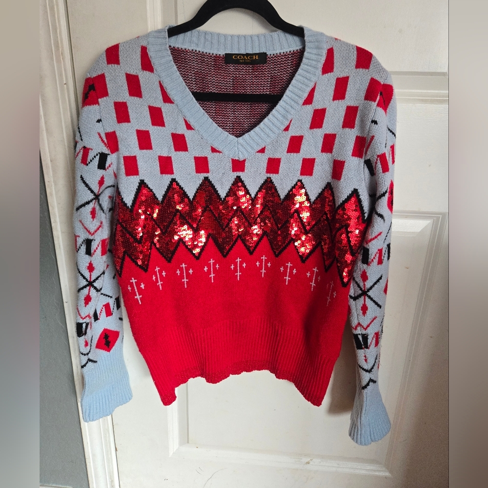 Coach Jacquard V-Neck Sweater Red Gray Sequin Christmas Party Size Medium
